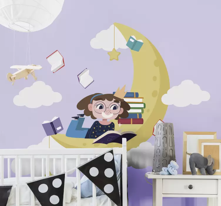 Sticker chambre enfant fille lisant sous la lune - TenStickers