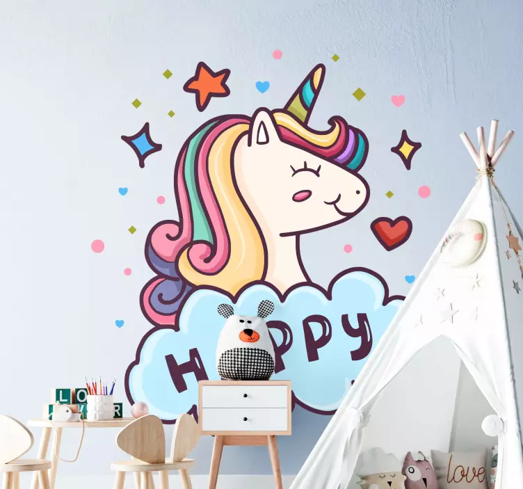 Sticker chambre enfant illustration de licorne heureuse - TenStickers