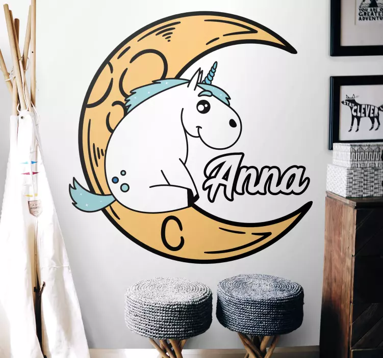 Sticker chambre enfant licorne lune personnalisée - TenStickers