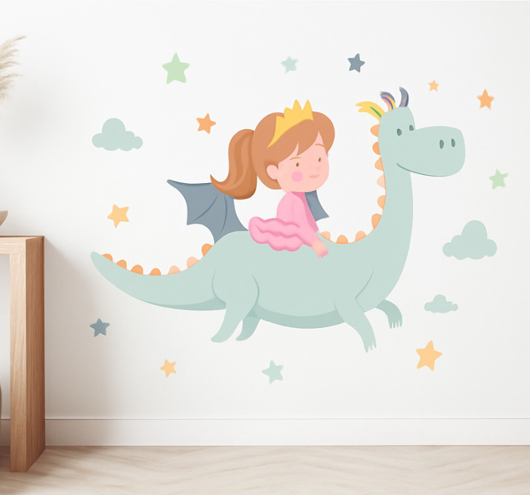 Sticker chambre enfant princesse sur un dragon - TenStickers