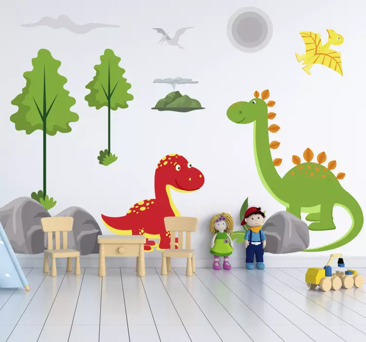 Sticker chambre enfant scène de dinosaures colorés - TenStickers