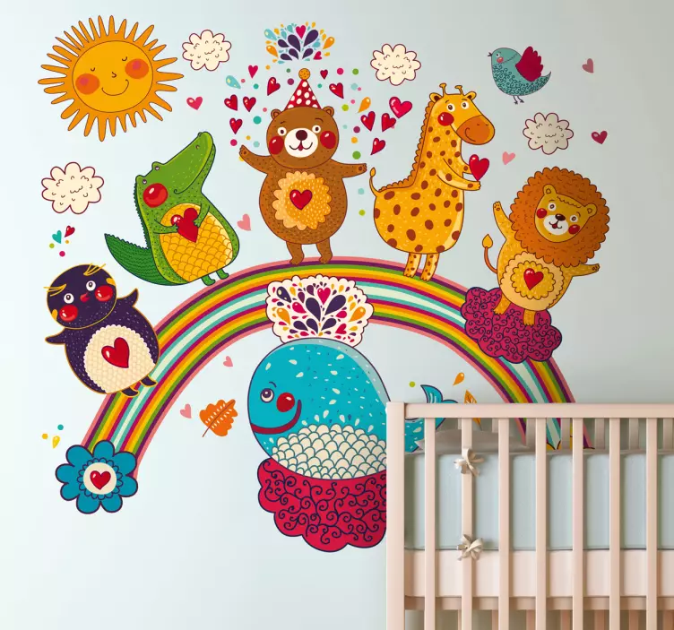 Sticker enfant animaux sur arc en ciel - TenStickers