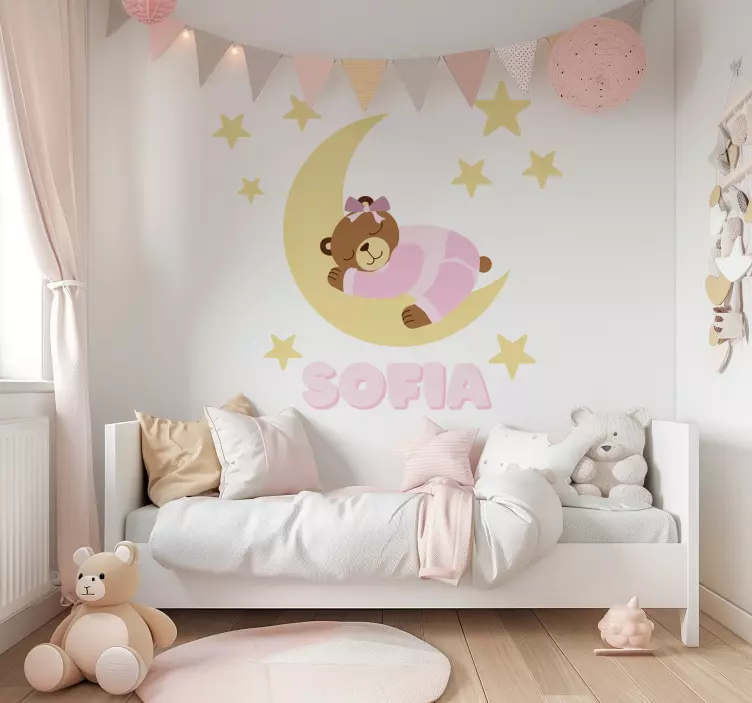 Sticker enfant ours rose avec nom - TenStickers