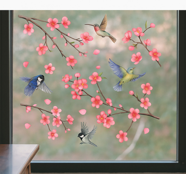 Sticker fenêtre oiseaux sur des branches avec des fleurs - TenStickers