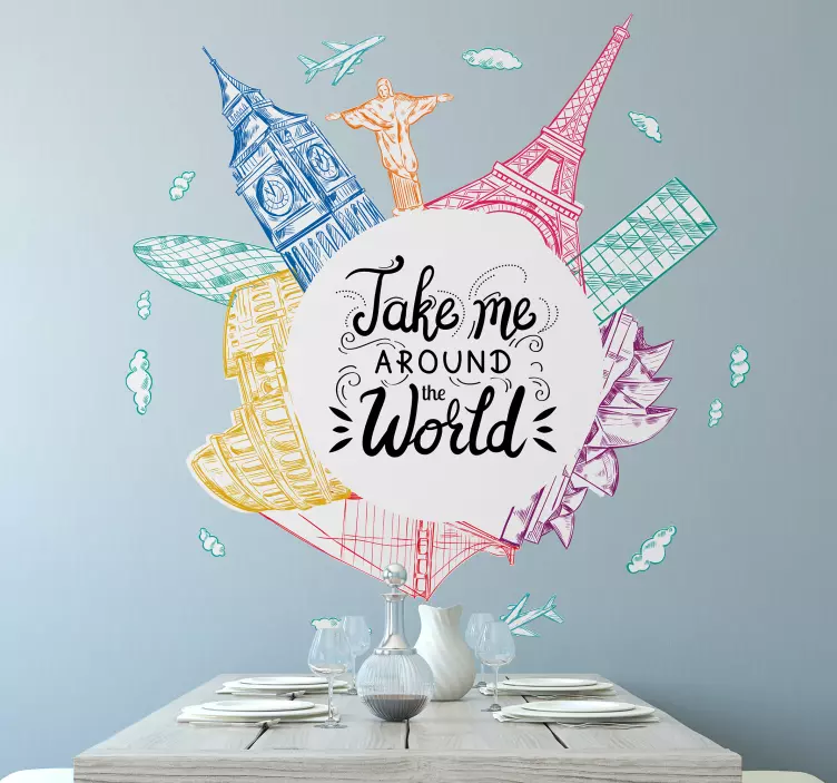 Sticker monde illustration de monuments célèbres - TenStickers