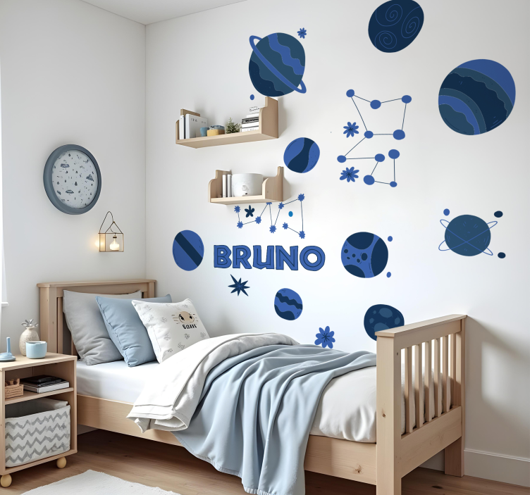 Sticker mural éléments d'astronomie bleus avec nom - TenStickers