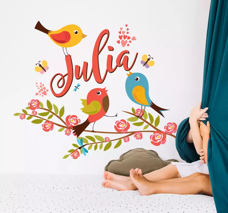 Sticker oiseaux illustration printanière avec prénom - TenStickers