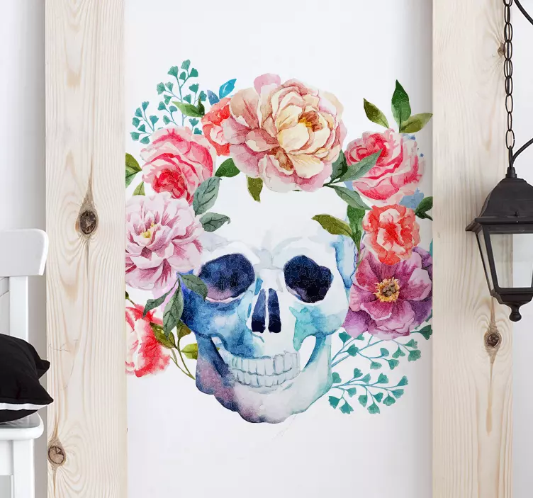 Sticker tete de mort avec des fleurs - TenStickers