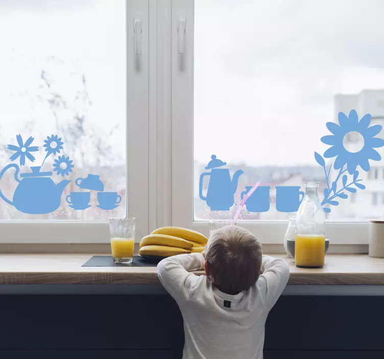 Sticker fenêtre cuisine motif fleurs bouilloire et tasses - TenStickers