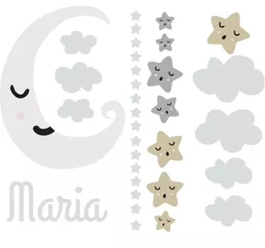 Sticker chambre bébé étoiles et lune avec prénom - TenStickers