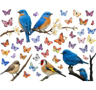 Sticker fenêtre fleurs et oiseaux colorés - TenStickers