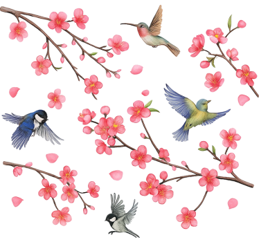 Sticker fenêtre oiseaux sur des branches avec des fleurs - TenStickers