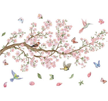 Sticker fenêtre fleurs de cerisier avec oiseaux - TenStickers