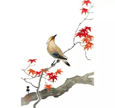 Sticker mural salon nature branche érable avec oiseau - TenStickers
