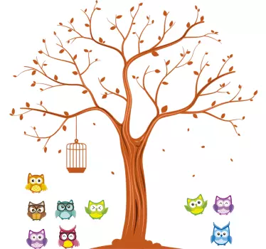 Sticker Chambre Enfant Hiboux colorés dans l'arbre - TenStickers