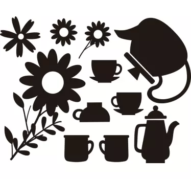 Sticker fenêtre cuisine motif fleurs bouilloire et tasses - TenStickers