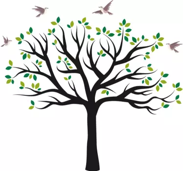 Sticker arbre aux feuilles vertes et oiseaux - TenStickers