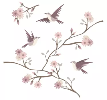 Sticker Mural Fleur Fleurs au printemps avec petits oiseaux - TenStickers