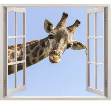 Sticker mural trompe l'œil girafe à travers une fenêtre 3d - TenStickers