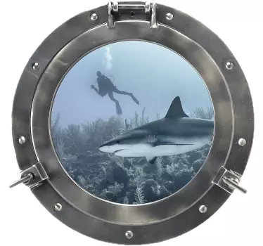 Sticker qui Trompe l'œil Requin à travers hublot - TenStickers