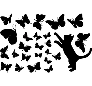 Sticker mural salon papillons et chat unicolores - TenStickers