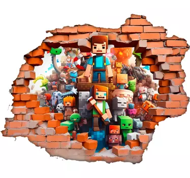 Sticker mural trompe l'œil personnages cubiques jeu vidéo - TenStickers