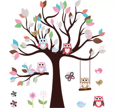 Sticker arbre hiboux et feuilles colorées - TenStickers