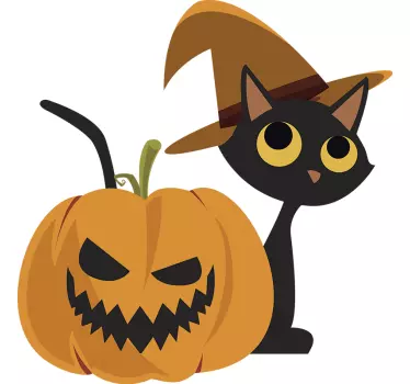 Sticker Maison Jack O' Lantern et Chat d'Halloween - TenStickers