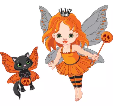 Sticker enfant fée orange et chat noir - TenStickers