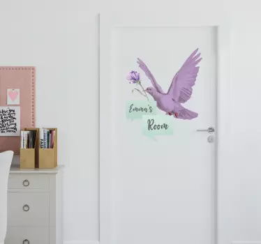 Autocollant pour porte oiseau couleur lavande avec prénom - TenStickers