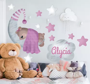 Sticker chambre bébé ourson et lune avec prénom - TenStickers