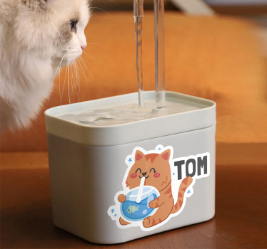 Autocollant chat gamelle d'eau avec nom - TenStickers