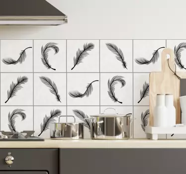 Sticker cuisine effet carrelage plumes noires - TenStickers