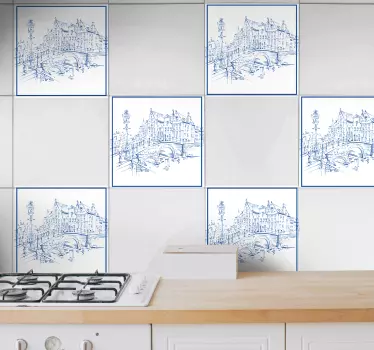 Autocollant Carrelage Delfts maisons du canal bleu - TenStickers
