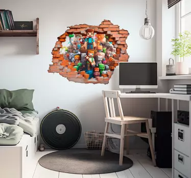 Sticker mural trompe l'œil personnages cubiques jeu vidéo - TenStickers