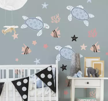 Sticker mural animaux tortues et poissons de mer - TenStickers