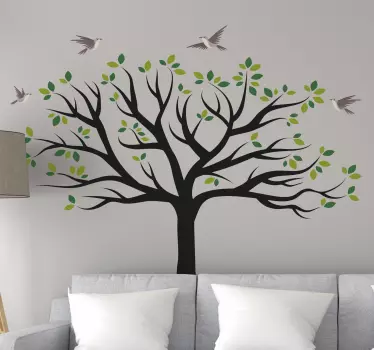 Sticker arbre aux feuilles vertes et oiseaux - TenStickers