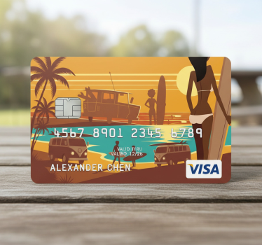 Sticker carte bancaire coucher de soleil rétro à la plage - TenStickers