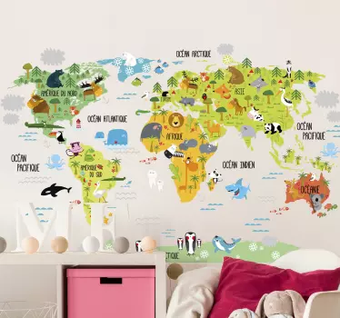 Sticker carte du monde en français avec animaux - TenStickers