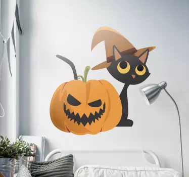 Sticker Maison Jack O' Lantern et Chat d'Halloween - TenStickers