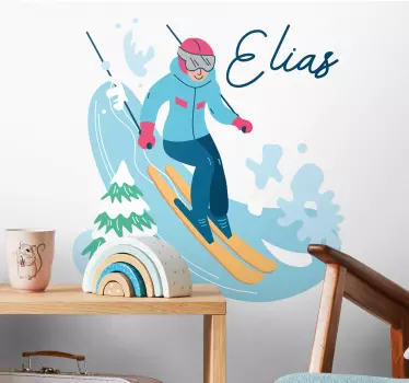 Sticker Mural Dessin Animé Skieur avec prénom - TenStickers