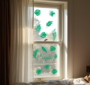 Sticker fenêtre feuilles de monstera avec nom - TenStickers