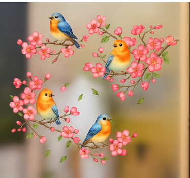 Sticker fenêtre fleurs roses et oiseaux - TenStickers