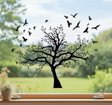 Sticker fenêtre grand arbre avec oiseaux - TenStickers
