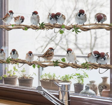 Sticker fenêtre moineaux sur branches - TenStickers