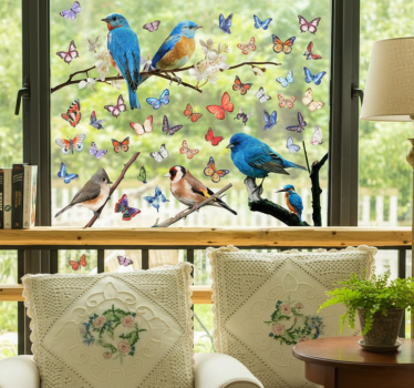 Sticker fenêtre oiseaux et papillons nature - TenStickers