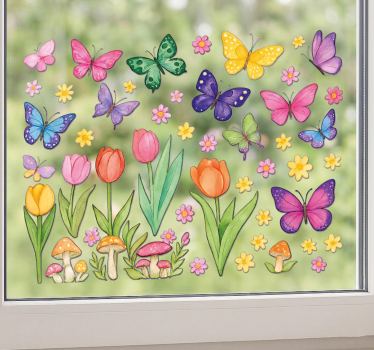 Sticker fenêtre papillons et plantes colorés - TenStickers