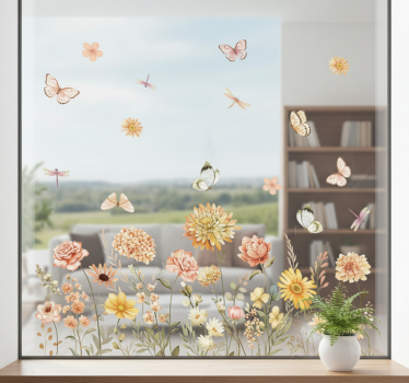 Sticker fenêtre prairie de fleurs sauvages avec papillons - TenStickers