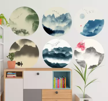 Sticker mural nature dessins montagnes ronds - TenStickers