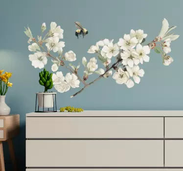Sticker mural salon motif fleurs blanches - TenStickers
